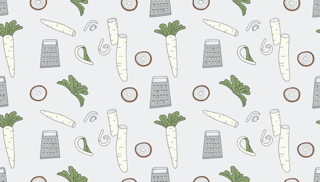 Seamless pattern of white daikon radishes, green leaves, and metal hand graters.