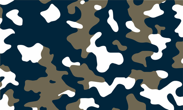 Modern military camouflage seamless pattern vector background with navy blue, khaki brown, and white organic shapes. Perfect for textile print and army fashion design.