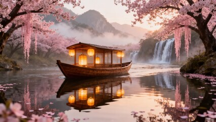 Fototapeta premium Boat on river with cherry blossoms
