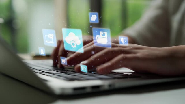 Concept design of managing online documents with cloud storage, digital file management, and secure sharing. Online documents improve workflow, online documents enhance security. Funnel