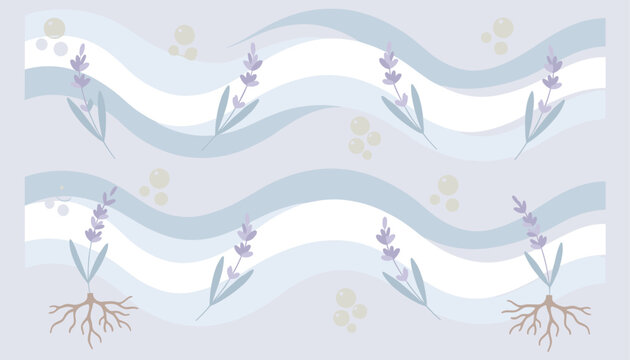Seamless pattern of lavender stalks, soft waves, and bubbles on light background.