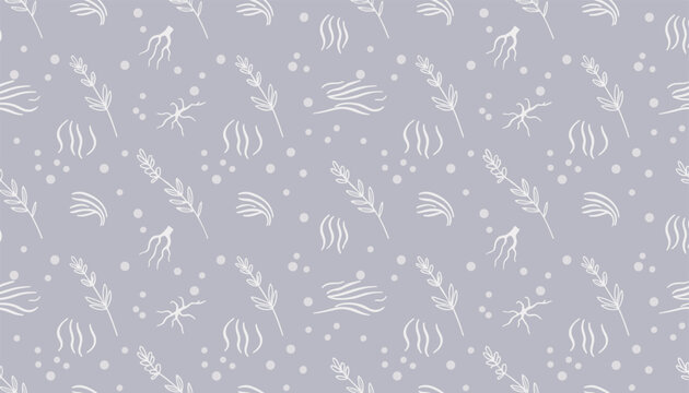 Seamless pattern of lavender stalks and herbal elements on soft purple background.