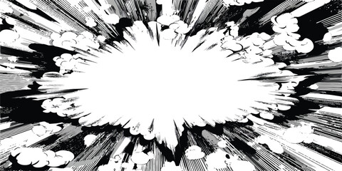Black and white manga style explosion effect with dynamic radial lines and smoke clouds © vintage style
