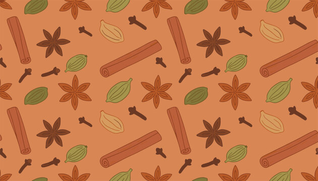 Seamless pattern of cinnamon sticks, star anise, cardamom pods, and cloves on warm terracotta background.