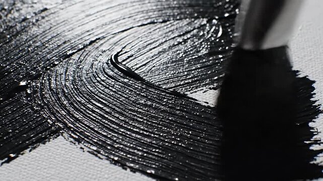 A close-up view of a brushstroke of black paint on a white canvas.