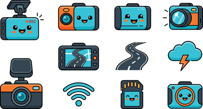 Cute cartoon vector icons set of car dashcam recording device, action camera, sd card, navigation map route, wi-fi signal, and stormy weather illustration.