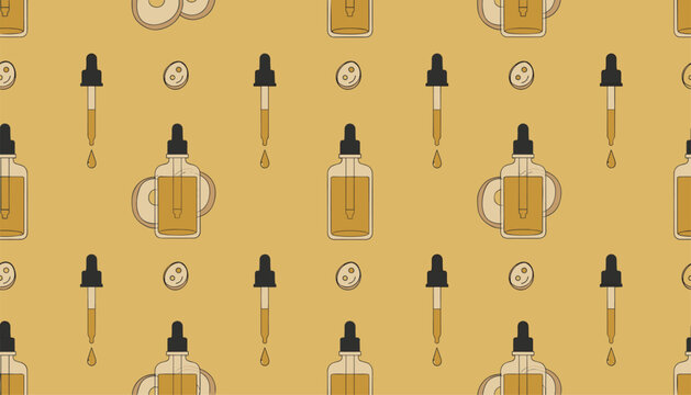Seamless pattern of amber glass dropper bottles, black pipettes, and circular slices on warm yellow background.