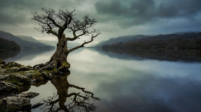 A solitary, ancient, gnarled tree standing on the rocky shore of a calm, misty lake in the lake district, uk
