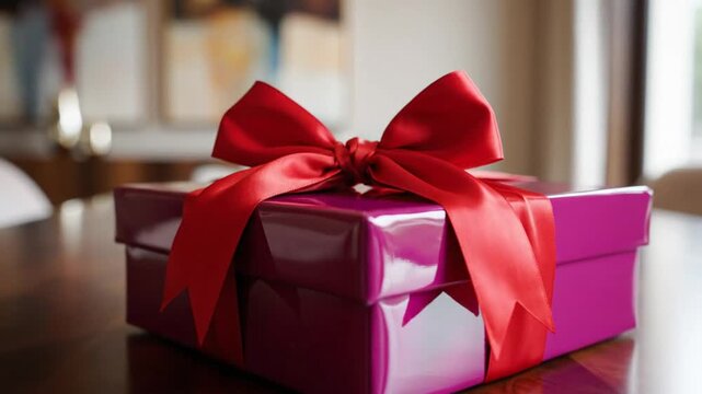 Luxurious gift box tied with a silky red bow on a wooden table, holiday celebration