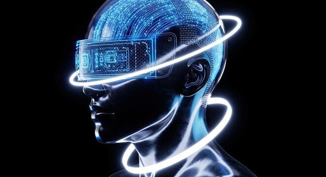 Futuristic cyborg head with glowing VR visor and rings