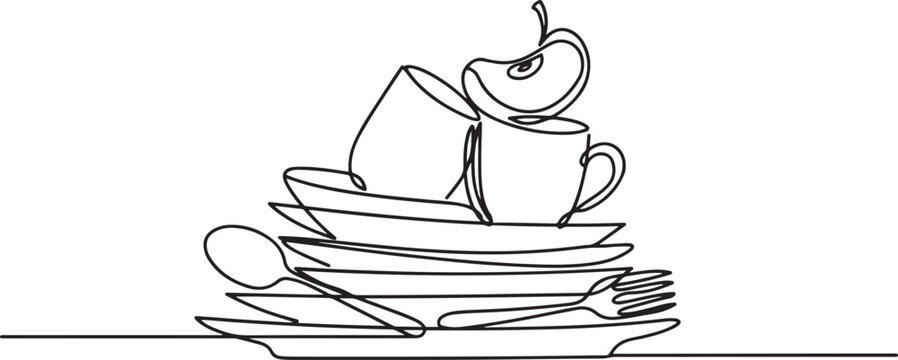 Stack of unwashed dishes. Still life on the kitchen table. one line Art icon drawing vector