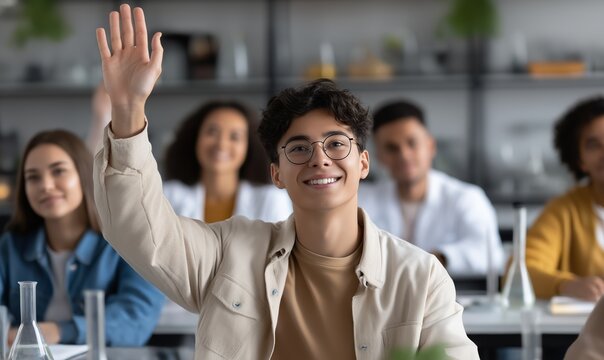 A young Hispanic male student raises his hand eagerly in a modern classroom setting, surrounded by diverse peers, conveying active participation and enthusiasm during a lecture or discussion.