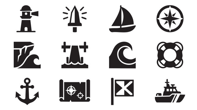Nautical icons, marine symbols, sailing graphics, vector set