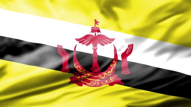 National emblem with red rooster on yellow and black striped flag waving in wind