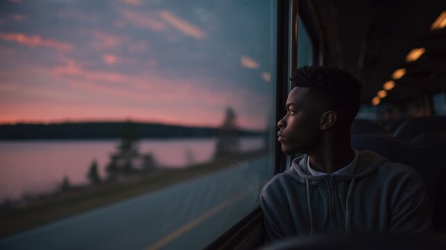 An African American young man gazes out a train or bus window at a twilight lake landscape bathed in pink and purple hues, evoking solitude and quiet reflection during travel.