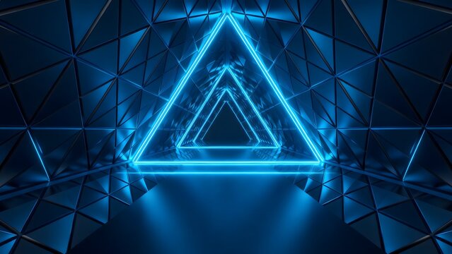 Blue neon triangle tunnel in geometric pattern