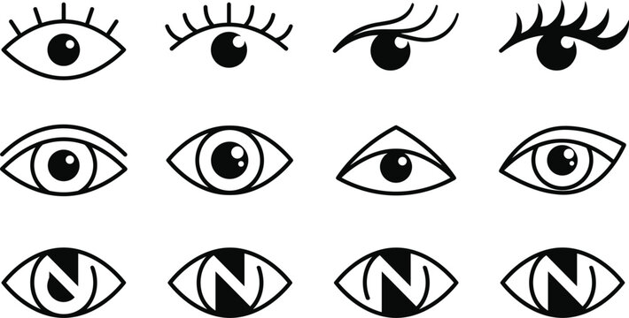 Human eye and eyelash vector icon set featuring minimalist open eyes mascara lashes and letter N eye logo designs isolated on white background