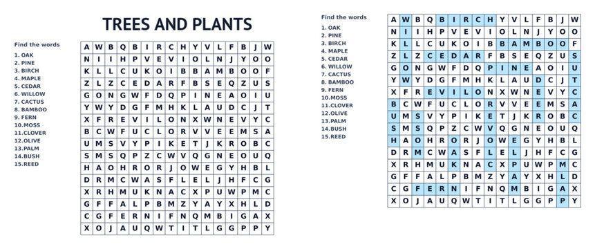 Trees and Plants word search puzzle for kids, find hidden words, printable with answer key
