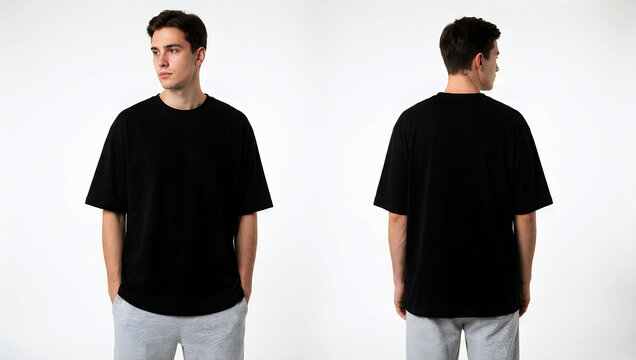 Man wearing black boxy t-shirt front and back view, studio photography on white background