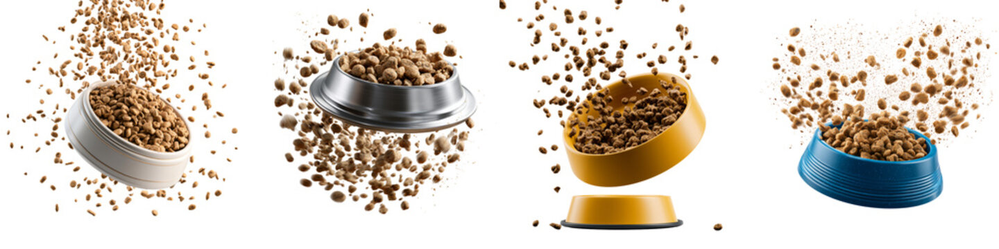Colorful dog food bowls with kibble spilling out isolated on transparent background