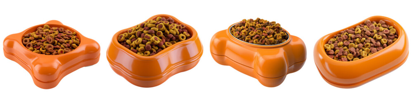 Four orange bone shaped dog food bowls filled with kibble isolated on transparent background