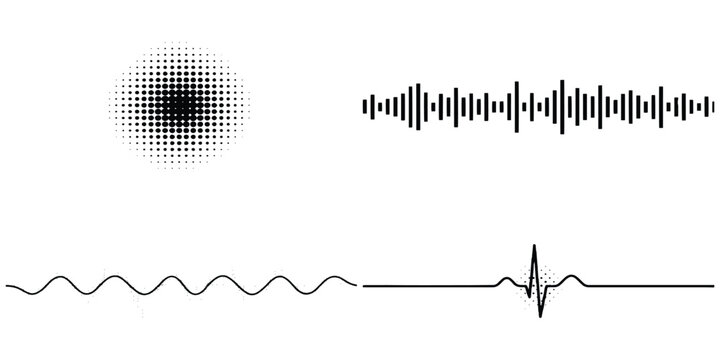 Abstract black and white graphic set with halftone dot circles soundwaves and heartbeat pulse lines vector illustration.