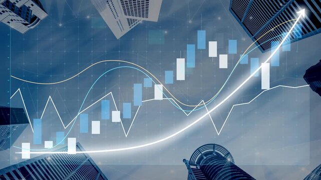 A dynamic view of a financial growth concept overlaid on a city skyline, featuring stock market charts and graphs that symbolize investment potential and economic progress. Copula