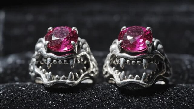 Eye-level view of two unique silver rings with magenta-colored gemstones, showcasing detailed creature design