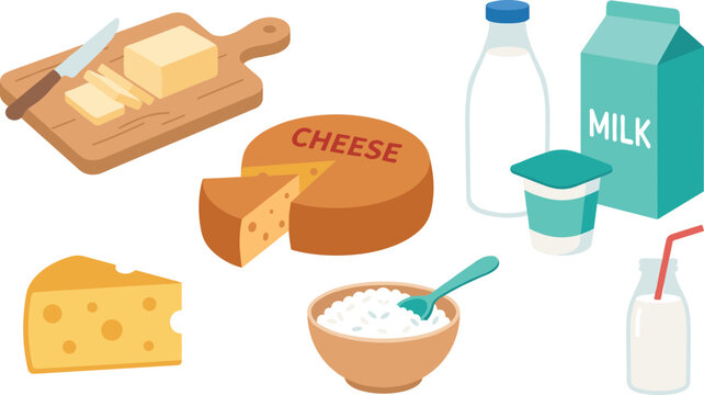 Dairy products flat vector icon set featuring milk carton bottle cheese wheel swiss cheese slice cottage cheese butter and yogurt isolated on white background