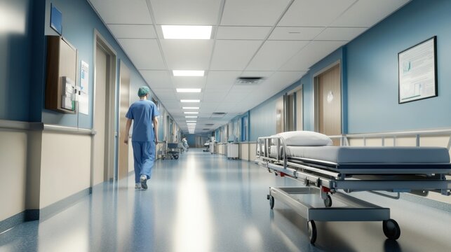 Solitary Figure in a Sterile Hospital Corridor