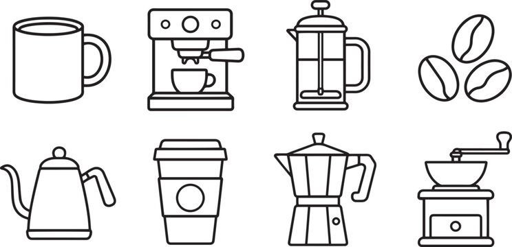Coffee Modern and Premium Icon Set, Featuring mug, espresso machine, french press, coffee beans and More, Editable Stroke, Outline Icon Collection
