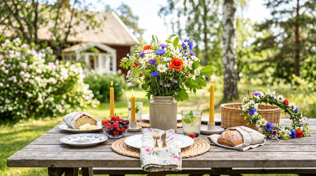 Rustic wooden table setting for Midsummer with flowers and food  