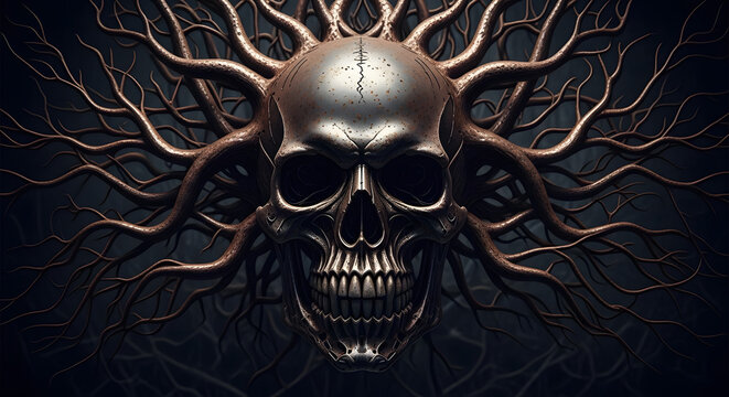 Metallic skull with intricate rootlike structures emerging from the cranium in a dark, surreal, and biomechanical artistic style