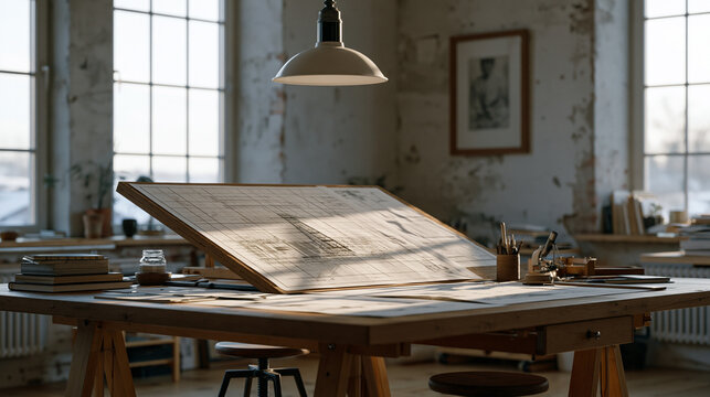 geometric grid line pattern overlaid on architectural blueprint spread across wide drafting table in industrial design studio with aged concrete walls and overhead industrial lamp