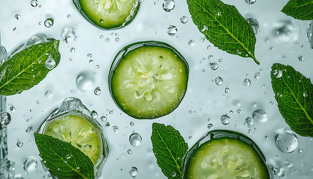 Cucumber slices and mint leaves in water with bubbles floating on surface
