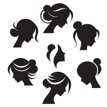 Collection of seven black silhouette profiles of women with various hairstyles