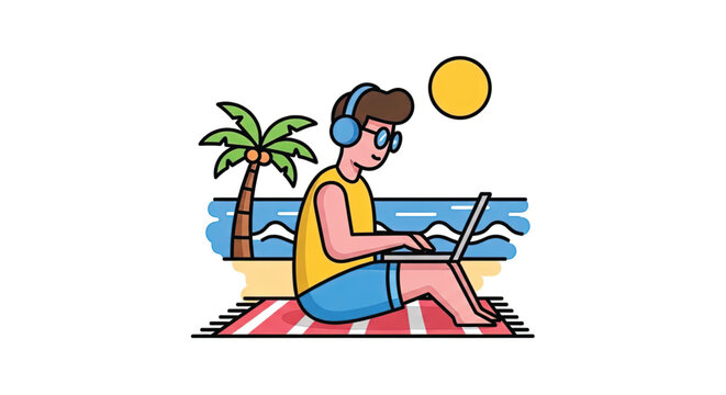 Man wearing headphones using laptop computer.