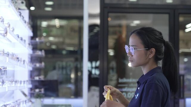 Close-up of a female staff member wearing glasses, wiping a lens inside a modern optical boutique. Highlighting small business daily operations, maintenance, and quality control of eyewear products.