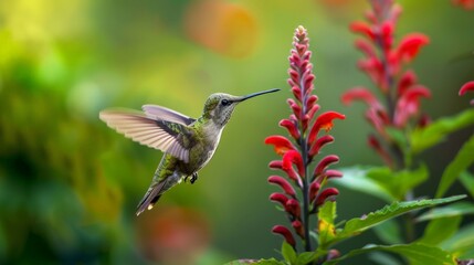 Obraz premium Hummingbird hovers near bright red flowers. Wings beat fast, capturing motion blur. Background is lush green with soft bokeh. Image perfect for nature, wildlife, or travel themes