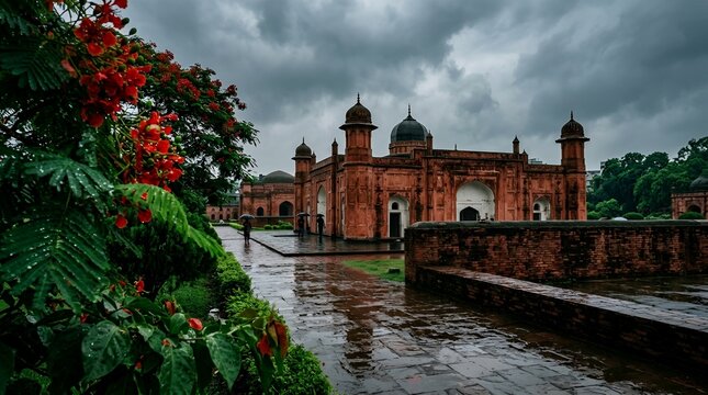 Lalbagh fort in dhaka, bangladesh during a rainy day with vibrant red flowers in the foreground and dramatic cloudy sky
