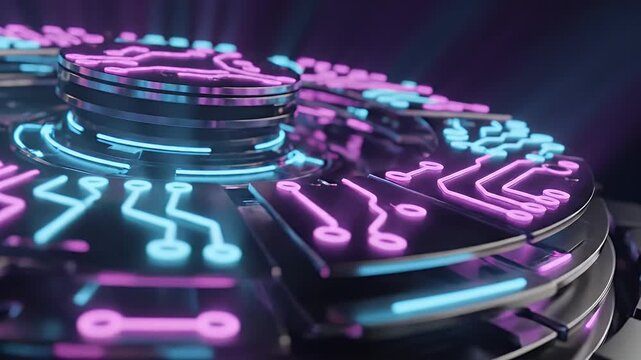 A close-up, abstract view of a futuristic circuit board with glowing neon lines.