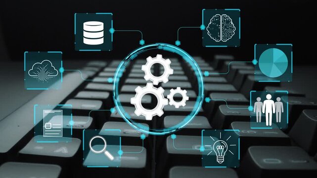 Conceptual image illustrating data analysis, artificial intelligence, and technology integration with gears and various icons on a keyboard background. Entropy.