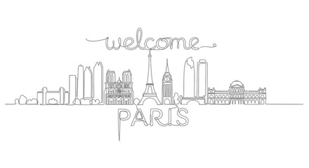 Obraz premium Welcome to Paris line art. Skyline illustration on white.