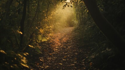 Fototapeta premium Sunlit Forest Path: A Mystical Journey Through Nature's Embrace