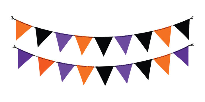 Halloween bunting flags with orange black and purple triangles hanging on a string