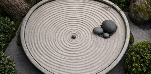 Naklejka premium Minimalist japanese zen garden with raked sand and stone formation zen like formation meditation relaxation minimalism mindfulness spiritual landscape serenity tranquility wellness