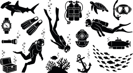 Collection of black silhouette scuba diving and underwater exploration icons featuring divers, sharks, sea turtles, submarine, anchor, coral reefs, and ocean equipment. © ShuvoStock