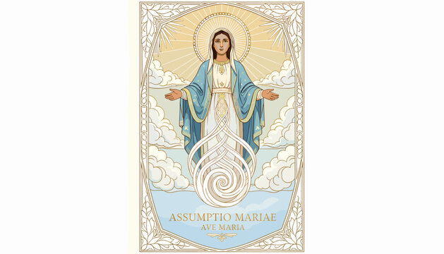 Art Nouveau depiction of the Assumption of Mary, surrounded by clouds and radiant light, with intricate decorative borders.