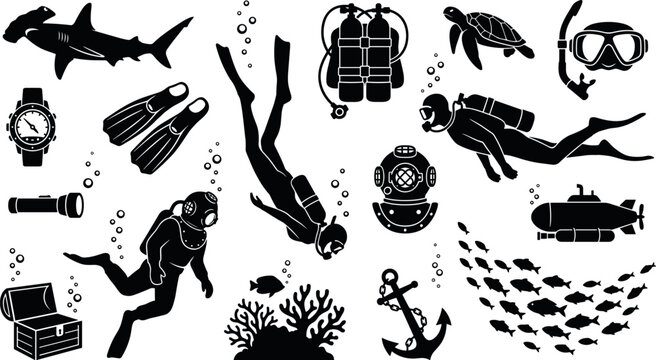 Collection of black silhouette scuba diving and underwater exploration icons featuring divers, sharks, sea turtles, submarine, anchor, coral reefs, and ocean equipment.