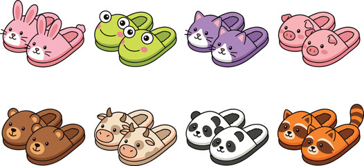 Cute animal plush slippers vector icon set featuring funny cartoon footwear designs of bunny frog cat pig bear cow panda and raccoon isolated on white background © MDFahim